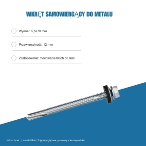 Wkręt samowiercący do metalu 5,5x70 mm, przewiercalność 12 mm, EPDM, 100 szt. – ocynk bez lakieru